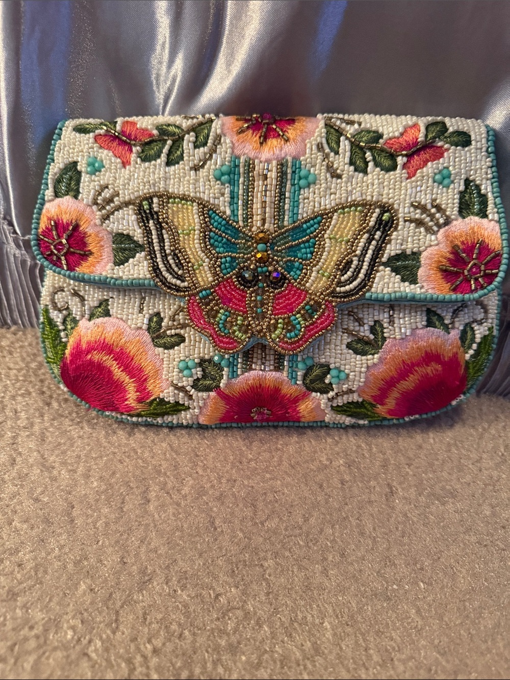 Mary Frances Beaded Butterfly & Floral Clutch - White/Turquoise/Pink/Green